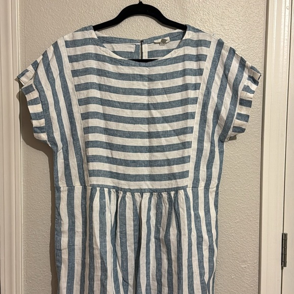 Garnet Hill Seamed Linen Popover Dress Striped White Blue Short Sleeve - Picture 3 of 7